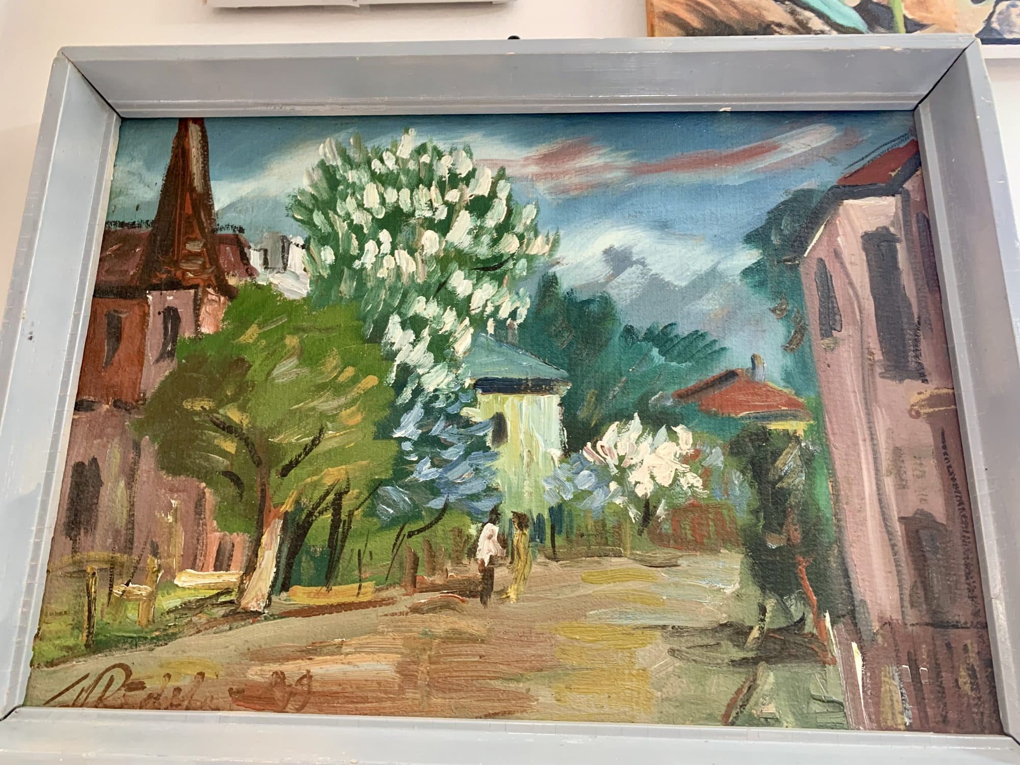 Vintāžas ainavas glezna rāmī, pilsētas motīvs, retro